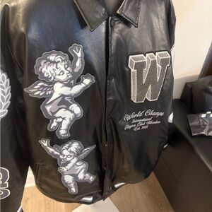 Rebel Minds / jacket Black Varsity Jacket with Angel Graphic Men sizes vary
